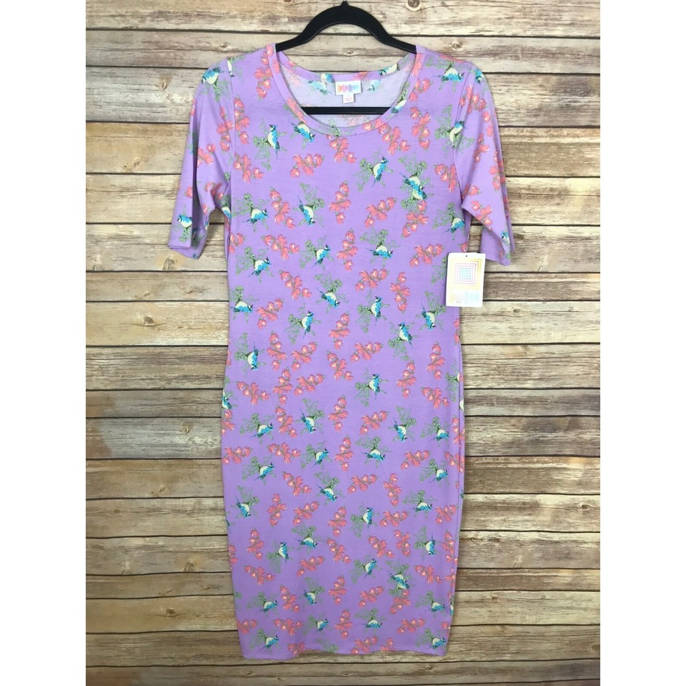 Lularoe Dress Womens S Purple Floral Bird Print Julia T Shirt Short Sleeve Knit